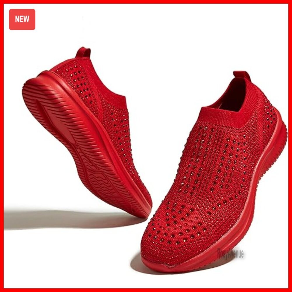 Women's Rhinestone Mesh Slip-On Sneakers, Breathable Walking Shoes